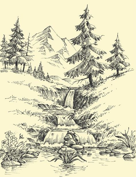 Illustration Composition, Landscape Pencil Drawings, Drawing Scenery, Nature Art Drawings, Mountain Drawing, Waterfall Landscape, Nature Sketch, Pen Art Drawings, Landscape Sketch