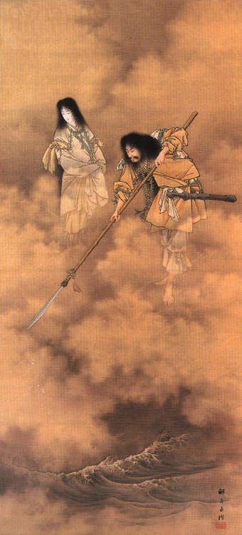 A c. 1885 CE illustration of Izanami (left) and Izanagi (right) creating the islands of Japan with their spear. Japanese Myth, Creation Myth, Japanese Mythology, Japanese History, Japanese Folklore, Eastern Art, Art Japonais, Japanese Painting, Japanese Prints