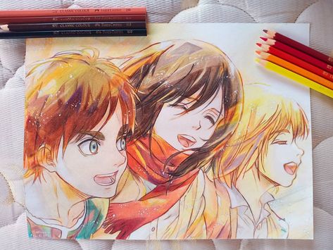 an artwork of Mikasa Ackerman, Eren Jeager, and Armin Arlert form the anime, Attack on Titan Color Pencil Drawing Anime, Colored Pencil Anime Drawing, Colored Pencil Anime Art, Anime Sketch Colored, Color Pencil Anime, Manga Watercolor Anime Art, Colored Pencil Anime, Anime Color Pencil Art, Attack On Titan Painting