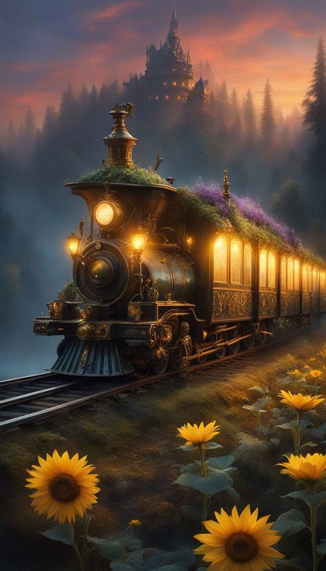 Fantasy Train, Ghost Ship Art, Magical Train, A Field Of Sunflowers, Train Drawing, Field Of Sunflowers, Train Book, Ghost Ship, Train Photography