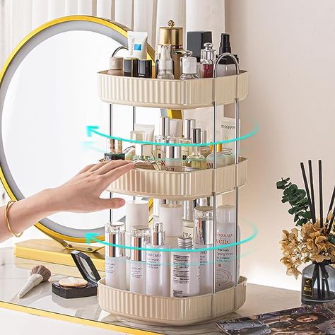 360° Rotating Makeup Organizer for Vanity, 3 Tier Large Capacity Skincare Perfume Display Storage, Bathroom Makeup Rotating Organizer Kitchen Spice Countertop Organizer Bathroom Vanity Dresser, Skin Care Organizer, Makeup Storage Shelves, Dresser Countertop, Organize Kitchen Spices, Bathroom Organizer Countertop, Rotating Organizer, Bedroom Finds, Skincare Organizer