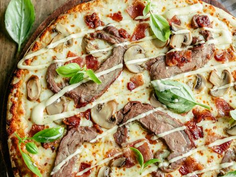 Steak, Bacon, and Mushroom Pizza with Garlic Aioli Recipe | Home Run Inn Pizza Home Run Inn Pizza, Bacon And Mushroom, Garlic Aioli Recipe, Bacon Wrapped Smokies, Steak Pizza, Delicious Steak, Aioli Recipe, Mushroom Pizza, Steak And Mushrooms