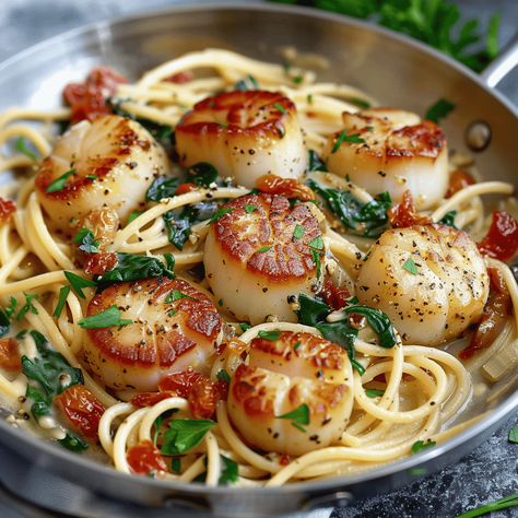 Scallops And Pasta, Tuscan Spaghetti, Spinach Spaghetti, Spaghetti With Spinach, Diet Recipes Easy, Classic Italian Dishes, Scallop Recipes, Scallops Seared, Spaghetti Recipes