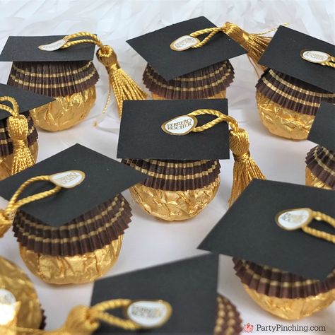 Ferrero Rocher Graduation Caps - 2022 Graduation Decorations Ferrero Rocher Candy, Grad Diy, Graduation Party Desserts, Grad Party Favors, Graduation Food, Graduation Desserts, Graduation Party Cake, Senior Graduation Party, Graduation Party High