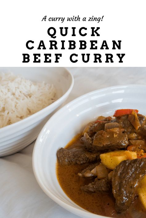 A quick Caribbean beef curry makes the perfect mid-week treat. #caribbean #beef #curry Caribbean Beef Curry With Potatoes, Jamaican Curry Beef Stew, Coconut Beef Curry Recipe, Carribean Beef Stew, Caribbean Beef Stew, Coconut Beef Curry, Jamaica Food, Healthy School Snacks, Caribbean Cuisine