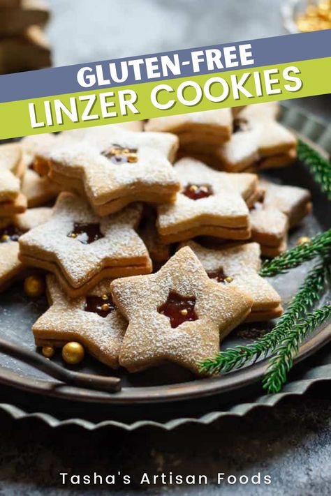 AN image of Linzer Cookies on a black plate Gluten Free Linzer Cookies, Buckwheat Cookies, Linzer Cookies Recipe, Christmas Cookies Recipe, Star Shaped Cookies, Simple Pantry, Pantry Ingredients, Linzer Cookies, Double Chocolate Chip Cookies