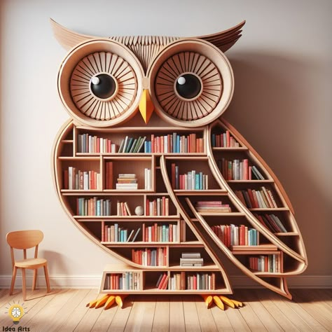 Owl shaped bookshelf Owl Furniture, Diy Bookshelf Design, Woodworking Projects Gifts, Homemade Cat Toys, Girls Room Design, English Library, Fantasy Furniture, Home Library Design, Bookshelf Design