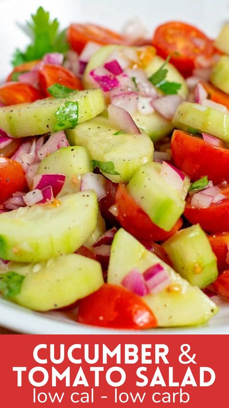 Cucumber and tomato salad Cholesterol Friendly Recipes, Cucumber Onion Salad, Cucumber And Tomato Salad, Low Carb Side Dish, Tomato And Onion Salad, Cucumber And Tomato, Low Carb Side, Marinated Cucumbers, Tomato Salad Recipes