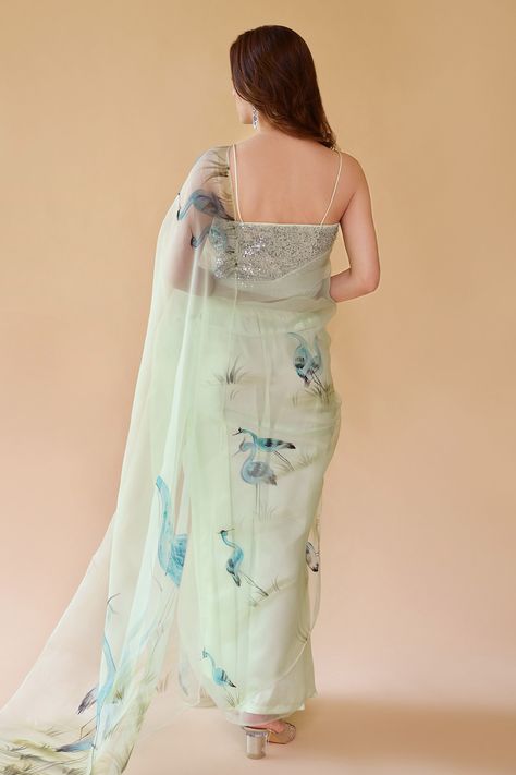 Buy Green Imported Pure Silk Organza Hand Painted The Esra Saree For Women by Fallon.Studio by Shruti Kaushik Online at Aza Fashions. Organza Hand Painted Saree, Pink Organza Saree, Hand Painted Saree, Painted Saree, Flamingo Fabric, Hand Painted Sarees, Kalamkari Saree, Green Saree, Green Hand