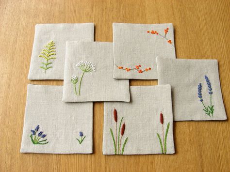 RESERVED for chauhie -- Custom Hand Embroidered 6-Coaster Set Embroidery Coasters, Handkerchief Embroidery, Embroidered Coasters, Embroidery Napkins, Embroidered Napkins, Pola Sulam, Simple Embroidery, Hand Embroidery Art, 자수 디자인