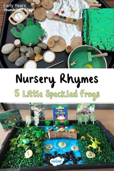 5 little speckled frogs tuff trays! A perfect way to bring your nursery rhyme to life. Enjoy these 5 little speckled frogs activities for eyfs by clicking on the pin. Special thanks to @our_life_our_play and Davey Wazoaski Nursery Rhyme Play, Nursery Rhyme Sensory Table, Nursery Rhyme Provocations, House Corner Activities Early Years, Stem Nursery Rhymes, Nursery Rhyme Eyfs Activities, Frog Tuff Tray, 5 Speckled Frogs Activities, Nursery Rhymes Eyfs