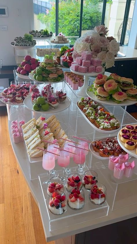 Check more at https://creativedecordesign.com/2024/06/25/23455/ Cute Food Setups, Bridgerton Party Snacks, Bachelorette Catering, Coffee Party Ideas, Pink Snacks For Party, High Tea Party Ideas, Birthday Snack Table, Pink Catering, Catering Sweets