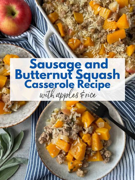 This fall-inspired sausage and squash casserole recipe is a weeknight wonder! Savory sausage & sweet apples mingle with tender butternut squash & fluffy rice. Sage & thyme add depth, making it a comforting & flavorful dish. Easy to prepare, it's perfect for busy schedules. Gluten free and dairy free casserole made with squash and sausage. #sausageandsquashcasserolerecipe #squashandsausagecasserole #glutenfreesquashcasserole Dairy Free Casserole, Casseroles To Freeze, Sausage And Squash, Sausage Butternut Squash, Gluten Free Casserole Recipes, Recipe With Apples, Healthy Dinner Casseroles, Lunch Casserole, Savory Butternut Squash