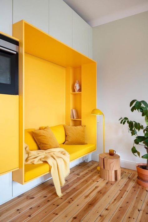 White Yellow Kitchen, Built In Wall Units, Yellow Dining Room, Yellow Couch, Yellow Furniture, Yellow Interior, Yellow Bedroom, In The Corner, Yellow Walls