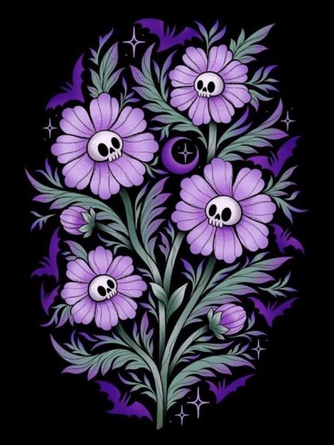 Dark And Gloomy, Gothic Flowers, Canvas Drawing, Witchy Wallpaper, Purple Halloween, Sugar Skull Art, Flower Skull, Party Inspo, Art Prompts