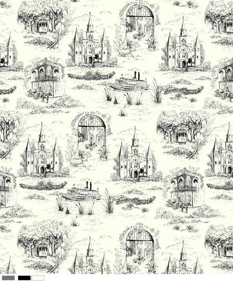 I love Bryann Bratt's New Orleans print toile fabric. Would love some throw pillows made in this for my bed. Toile Wallpaper, Toile Pattern, French Toile, Toile Fabric, Wedding Tattoos, Wedding Art, Chinoiserie, Gift Registry, My Favourite