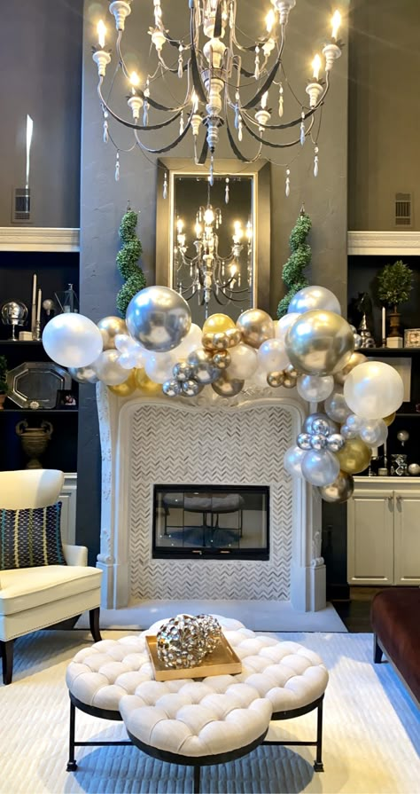 Balloon Garland For Mantle, Birthday Party Fireplace Decor, Balloon Garland On Fireplace Mantle, Fireplace Birthday Party Decor, Mantel Balloon Garland, Balloons On Fireplace, Balloon Garland Fireplace Mantle, Balloon Arch Around Fireplace, Balloon Garland Mantle