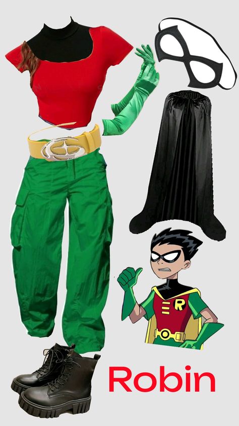 robin shein costumeee Robin Dc Costume, Robin Outfit Dc, Diy Robin Costume For Women, Robin Female Costume, Batman And Robin Costume For Couples, Robin And Batman Costumes, Monster Energy Costume, Robin Halloween Costume Women, Robin Cosplay Teen Titans