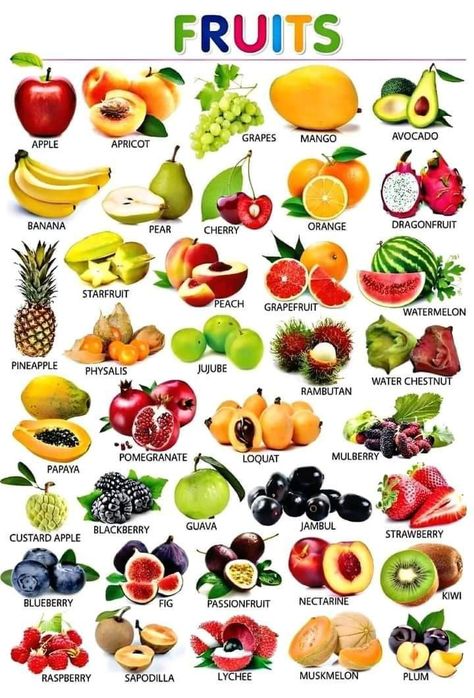 Fruits Chart For Kids, British And American Words, Vegetables List, Fruits And Vegetables List, Fruits Name In English, Basic English Grammar Book, Fruit Names, Food Vocabulary, English Activities For Kids