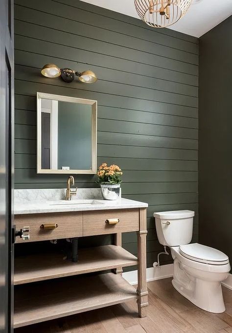 Dark Green Bathrooms, Modern Farmhouse Interior Design, Shiplap Bathroom, Farmhouse Interior Design, Wooden Vanity, Bad Inspiration, Green Paint Colors, Basement Bathroom, Bathroom Redo