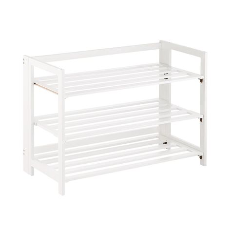 3-Tier White Folding Shoe Rack | The Container Store Shoe Rack For Room, Dorm Shoe Rack, Shoe Racks Closet, Trashy Bedroom, Cute Shoe Rack, White Wooden Shoe Rack, Pink And White Room, Usc Dorm, Shoe Rack For Closet