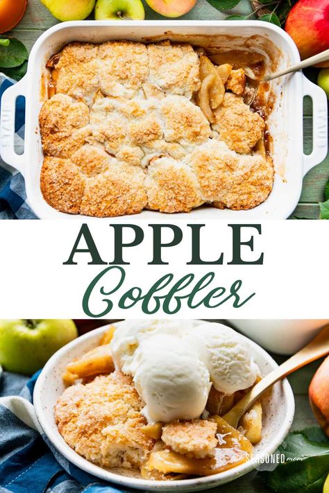 Apple season in the mountains of Virginia means apple butter on cornbread, jars of homemade applesauce, apple crisp, apple pie, and of course -- this old-fashioned apple cobbler recipe! With a warmly spiced fresh fruit filling, buttery biscuit crust, and vanilla ice cream on top, it's one of autumn's most delicious desserts! Apple And Peach Recipes, Can Apple Pie Filling Recipes Easy, Apple Cobbler Easy, Deep Dish Apple Pie, Old Fashioned Apple Pie, Apple Biscuits, Biscuit Crust, Apple Cobbler Recipe, Frozen Biscuits