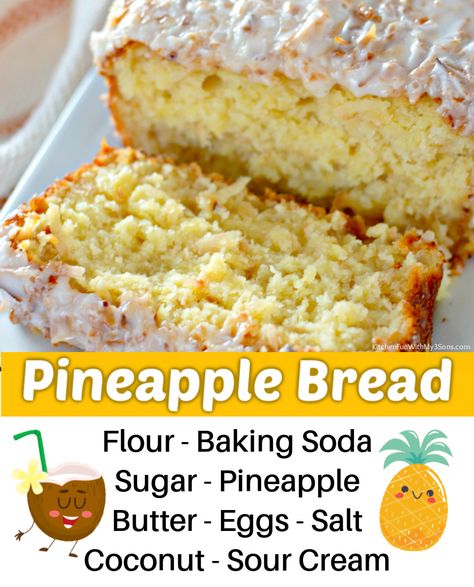 Coconut Icing Recipe, Pineapple Coconut Bread, Coconut Glaze, Pineapple Bread, Coconut Icing, Baking With Coconut Flour, Bread Kitchen, Cinnamon Raisin Bread, Coconut Bread