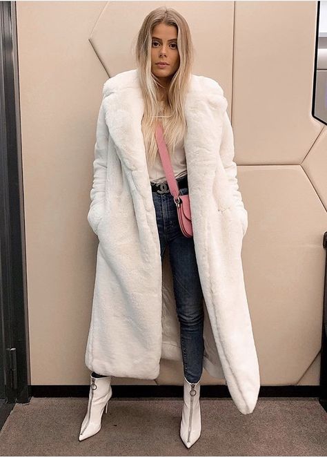 Long Fur Coat Outfit, White Fluffy Coat, Long White Coat, Fur Outfit, Fur Coat Outfit, Long Fur Coat, Faux Fur Hooded Coat, Sleek Dress, Fluffy Coat