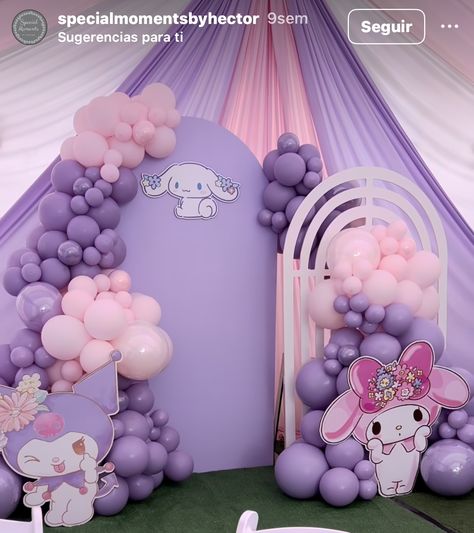 Sanrio First Birthday, My Melody And Kuromi Birthday Party Ideas, Kuromi My Melody Birthday Theme, My Melody And Kuromi Birthday Theme, Kuromi Bday Theme, Sanrio Balloon Arch, My Melody Party Theme, Kuromi Bday Party, My Melody Birthday Party Decorations