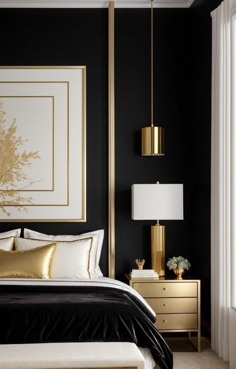 White And Gold Bedroom Aesthetic, Gold Bedroom Aesthetic, Gold Accent Wall Bedroom, Exposed Brick Apartment, White And Gold Bedroom, White And Gold Bedding, Black White And Gold Bedroom, Black Bedroom Aesthetic, Gold Bed Frame