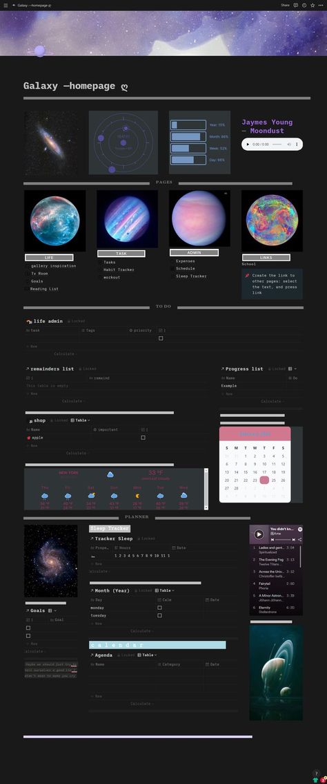 A Galaxy aesthetic notion template. Click on the image to get it!!! Cool Notion Template, Cyberpunk Notion Template, Notion Template Ideas Witch, Notion Astrology Template, Space Themed Notion, Notion Template Ideas Aesthetic Black, Notion Cyberpunk, Notion Dark Mode Templates Aesthetic, Notion Space Theme