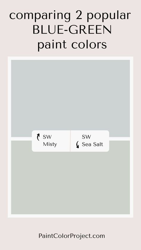 Deciding between Sherwin Williams Misty and Sherwin Williams Sea Salt paint colors? Let's compare Misty vs Sea Salt to see which is right for your home! Sherwin Williams Misty, Green Interior Paint, Sw Sea Salt, Sea Salt Paint, Sherwin Williams Sea Salt, Loft Playroom, Sea Salt Sherwin Williams, Blue Green Paints, Grey Kitchen Designs