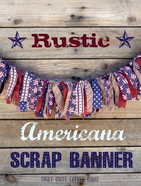 Head over to our blog to find out how to make a vintage-looking scrap fabric banner!  See more party ideas at CatchMyParty.com! Fabric Banner Diy, Diy Frühling, Patriotic Diy, Hantverk Diy, Americana Crafts, Rustic Americana, Vintage Banner, Flag Garland, Rag Garland