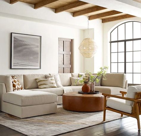 Leather Ottoman Living Room, Cream Sectional, Living Room Cream, Ottoman Living Room, Boho Living Room Inspiration, Hide Pillows, Summer Living Room, Traditional Dining Tables, East Street