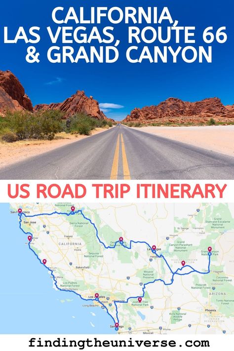 A USA road trip itinerary that covers California, Nevada and Arizona, Includes Route 66, the Grand Canyon, Las Vegas, Yosemite, Los Angeles + San Francisco! #USA #UnitedStates #RoadTrip #Travel #Route66 #California #LasVegas #GrandCanyon California To Arizona Road Trip, Las Vegas To California Road Trip, California Nevada Arizona Road Trip, California Route 1 Road Trip, Los Angeles To Las Vegas Road Trip, Las Vegas To Los Angeles Road Trips, Las Vegas To San Francisco Road Trips, Grand Canyon Las Vegas, Arizona Road Trip Map