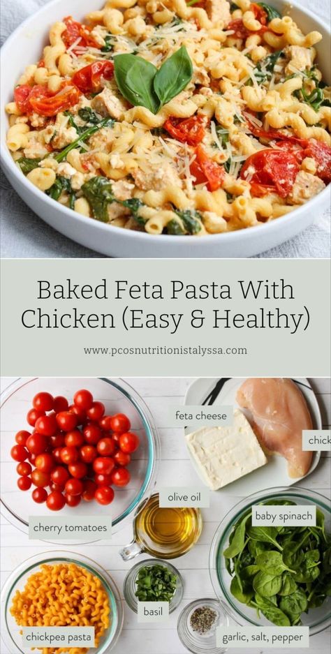 Try the viral baked feta pasta with cherry tomatoes from TikTok! This healthy recipe adds spinach to the mix, making it perfect for pasta night. Enjoy the creamy goodness of feta cheese in this must-try dish. Feta Pasta With Chicken, Chicken Spinach Pasta Bake, Tiktok Feta Pasta, Pasta With Cherry Tomatoes, Cheese Pasta Recipes, Baked Feta Pasta, Feta Cheese Recipes, Pasta With Chicken, Feta Chicken