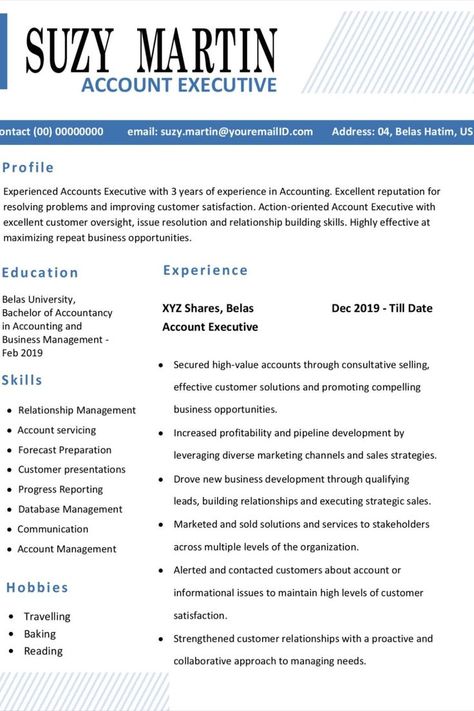 Composing an Account Executive resume is a significant advance in your pursuit of employment opportunities. When crafting your resume, make certain to reference the expected set of responsibilities and highlight any skills, awards, and accreditations that match your employer’s needs. You may likewise need to incorporate a summary or objective synopsis that shows your qualifications and capabilities. Consultative Selling, Executive Resume, Account Executive, Resume Builder, Relationship Building, Relationship Management, Business Education, Employment Opportunities, Professional Resume