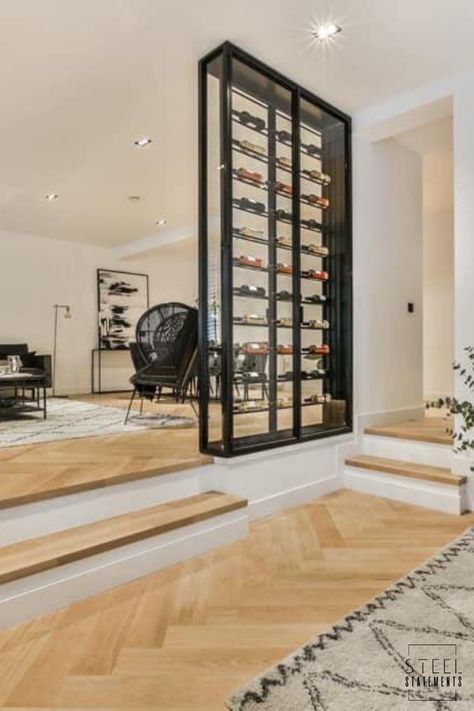 Wine Rack Room Divider, Small Wine Cellar Ideas Kitchens, Wine Room Decor, Wine Cellar Modern, Wine Cellar Wall, Wine Storage Wall, Modern Wine Storage, Metal Cabinets, Glass Wine Cellar