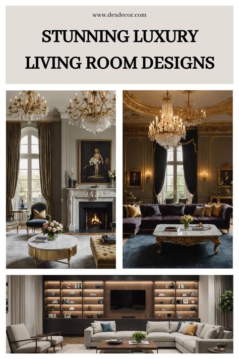 Elegant living room designs featuring chandeliers, grand windows, and luxurious furniture arrangements. Elegant Formal Living Room, Luxury Family Room Design, Big Luxury Living Room, Luxury Living Room Designs, Kitchen Tile Inspiration, Formal Living Room Designs, Big Living Room, Ensuite Bathroom Designs, Industrial Chic Kitchen