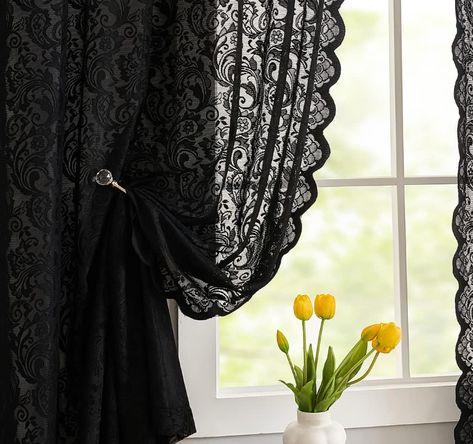 ALIGOGO Black Lace Curtains 63 inches Length Elegant Vintage Floral Sheer Curtain Panels for Halloween Luxury Gothic Curtains for Bedroom Witchy/Goth Room Decor, 52 x 63 Black Black Lace Curtains, Gothic Curtains, Black Sheer Curtains, Goth Room, Halloween Curtains, Goth Bedroom, Goth Room Decor, Witchy Goth, Doorway Curtain