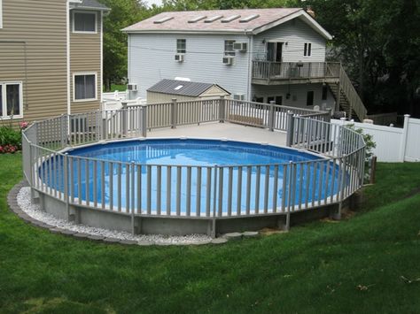 Sharkline Semi In Ground Pool with fencing Semi In Ground Pool, Semi Above Ground Pool, Above Ground Pool Fence, Pool Fence Ideas, Aluminum Pool Fence, Pool Landscaping Ideas, In Ground Pool, Semi Inground Pools, Pool Prices