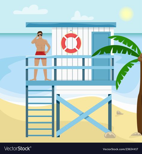 Lifeguard Tower Drawing, Lifeguard Stands, Palm Trees Landscaping, Lifeguard Tower, House Vector, Beach Landscape, South Beach, Diy Storage, Beach Photos