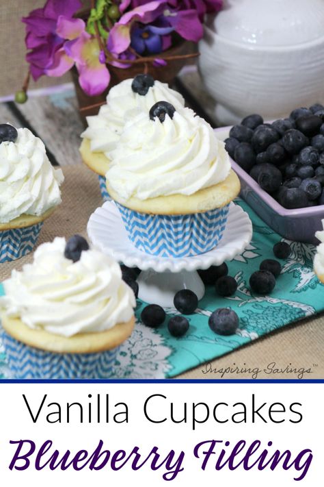 Blueberry Frosting, Blueberry Filling, Creative Dessert Recipes, Blueberry Cupcakes, Fun Cupcake Recipes, Sour Cream Pound Cake, Easy Cupcake Recipes, Filled Cupcakes, Creative Desserts