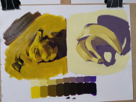 I used a big brush and it was glorious! Bananas really lend themselves to giant brushstrokes. In this painting I really tried to keep it simple, there were a lot of subtle shifts in the values of shadows that I especially tried to ignore. I didn't end up using what would've been my "darkest dark" - number 9. It seemed like it was just a bit much 3 Value Painting, Painting Values, Value Painting, Color Theory Art, Shadow Painting, Art Theory, Number 9, Painting Lessons, Anatomy Art