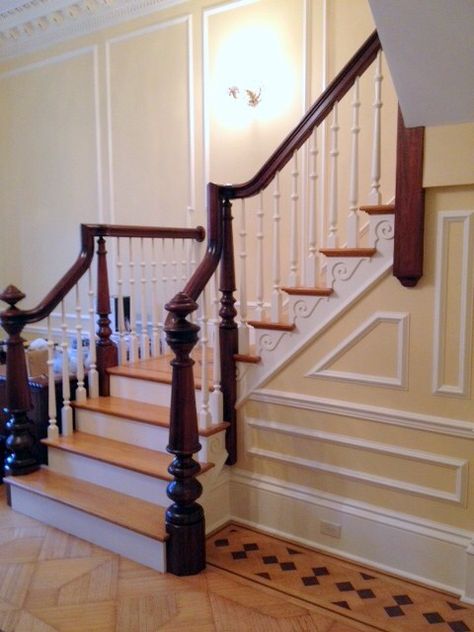 Stair landing L Shape Stairs, Victorian Staircases, Stairs With Landing, Wooden Staircase Railing, Victorian Stairs, L Shaped Stairs, Victorian Staircase, Spiral Staircase Kits, Old Style House