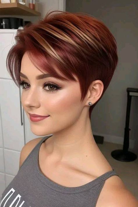 Ladies Pixie Haircuts, Short Fine Hair Styles For Women, Dark Red Pixie Haircut, Very Short Hair Color Ideas, Short Hairstyle Women Pixie, Red Hair Short Bob, Stacked Pixie Haircut, Short Pixie Hairstyle Women, Pixie Hairstyle Women