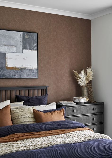 Brown And Terracotta Bedroom, Terracotta And Navy Bedding, Navy Blue And Brown Bedding, Light Brown Wall Bedroom Ideas, Blue Brown Black Bedroom, Navy And Brown Bedding, Dark Brown And Blue Bedroom, Beige Brown Blue Bedroom, Navy And Tan Bedroom Ideas