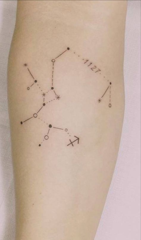 Sag tattoo Matching Sagittarius Tattoos, Sag Constellation Tattoo, Saggitarius Tattoo Constellation, Sag Tattoo Sagittarius, Saggitarius Tattoo Woman Sagittarius, Saggitarius Constellation Tattoo, Constellation Tattoo Sagittarius, Sagittarius Tattoo Constellation, Sagittarius Tattoo Minimalist