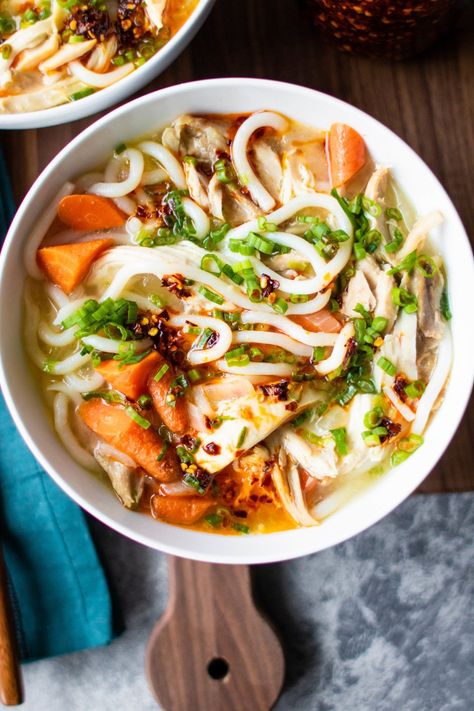 Ginger Chicken Noodle Soup, Chicken Udon Soup, Chicken Udon, Udon Soup, Homemade Broth, Udon Noodle Soup, Miso Chicken, So Much Food, Healthy Sweet Snacks