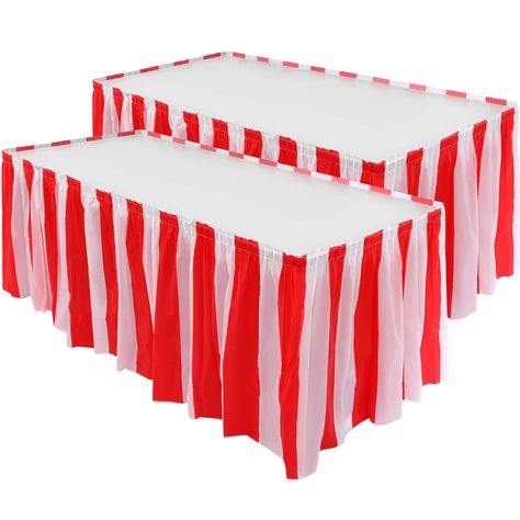 PRICES MAY VARY. Package contents: 2 red with white striped table skirts, each striped table skirt is 14 feet x 29 inches, the red and white table skirts are the classic decoration of the carnival circus, offering different circus events and holiday birthday parties Made of polyester, it feels softer and the surface is very smooth and flat, safe and odor-free, waterproof, non-fading, non-wrinkle, easy to handle, it is a pleated and durable table skirt Easy to use: double-sided tape design, easy Theme Carnaval, Table Skirts, Circus Decorations, Carnival Decorations, Circus Theme Party, Carnival Themed Party, Carnival Birthday Parties, Striped Table, Carnival Themes